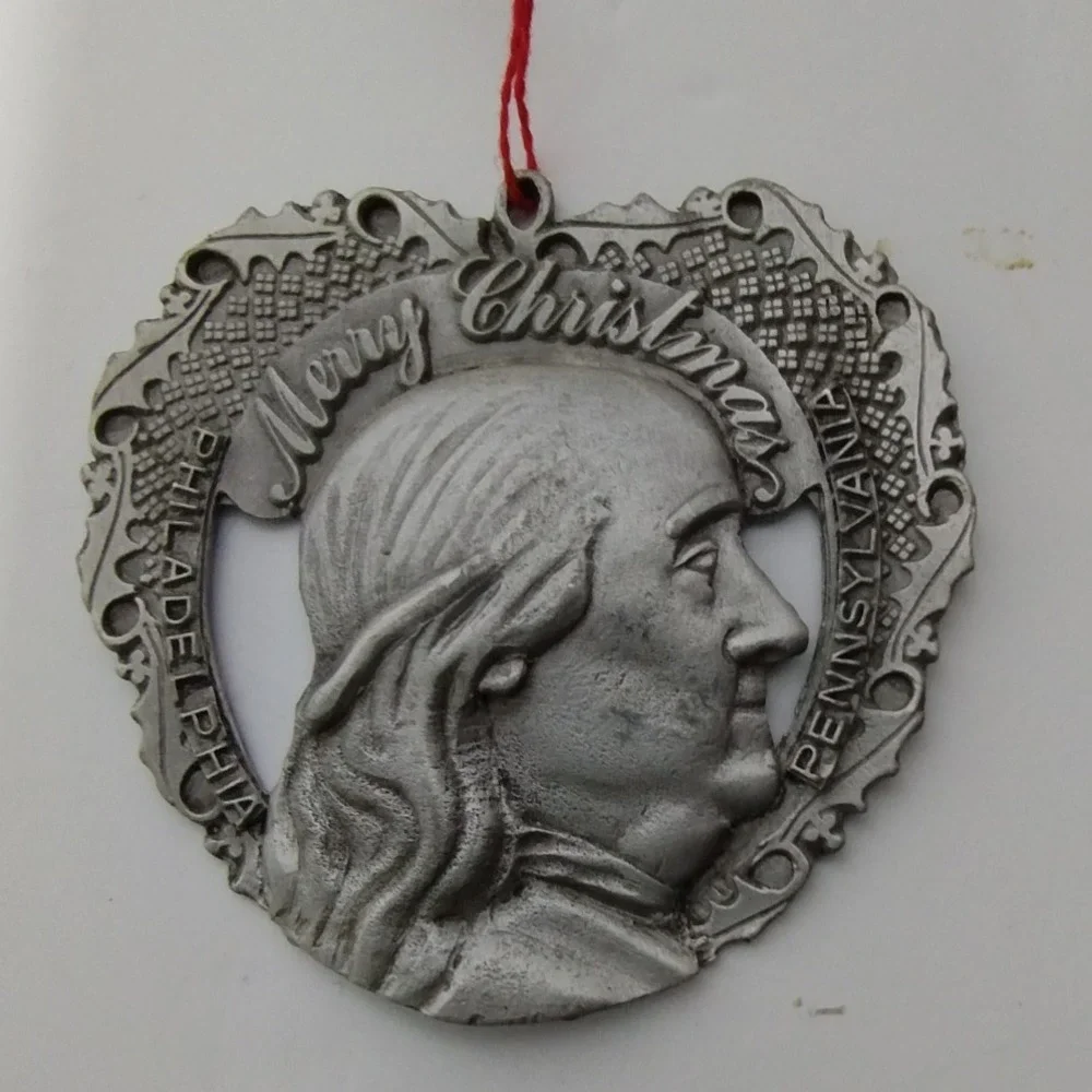 Vintage Philadelphia Pewter Ornament Set of 5 – Liberty Bell Betsy Ross Franklin